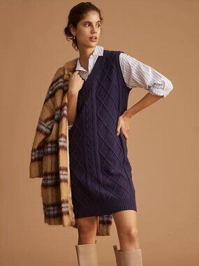 Anthropologie Callahan Knitwear Cable Knit Sweater Mini Dress Large L Navy Blue
